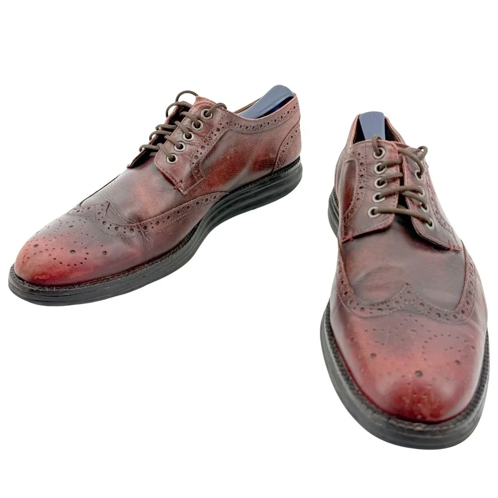 Donald J Pliner Wingtip Oxford Mens 9.5M Burgundy Burnished Leather Luxury